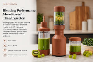 Beast Mighty 850 Plus compact blender blending green smoothie on a modern kitchen countertop with fresh fruit and premium kitchen styling.