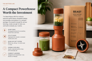 Beast Mighty 850 Plus premium compact blender system with accessories and packaging on a modern kitchen countertop.