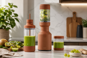 Beast Mighty 850 Plus compact smoothie blender on a modern marble kitchen countertop with green smoothie, kiwi, lime, grapes, and premium kitchen decor.