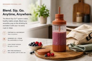 Beast Mighty 850 Plus portable smoothie blender with drinking lid and berry smoothie on a modern kitchen countertop next to a travel bag.