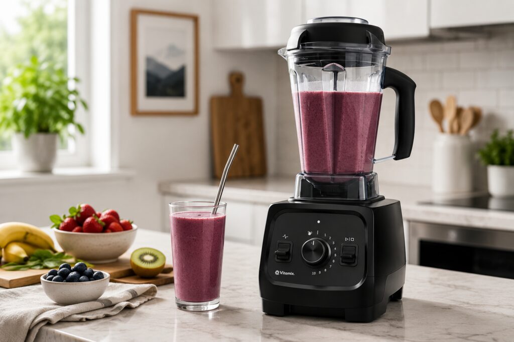 Vitamix VX1 blender on a kitchen countertop with a freshly blended berry smoothie