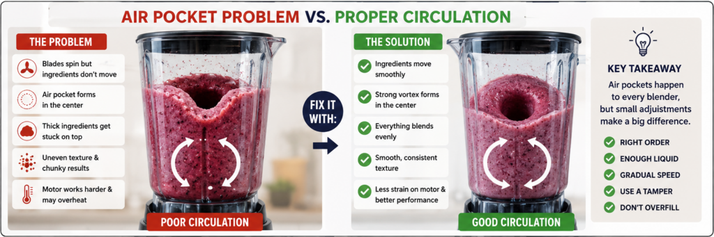 Comparison showing blender air pocket problems versus proper smoothie circulation during frozen fruit blending