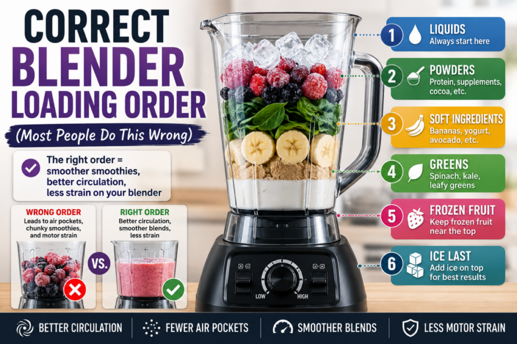 Correct blender loading order infographic showing liquids, powders, greens, frozen fruit, and ice for smoother smoothie blending