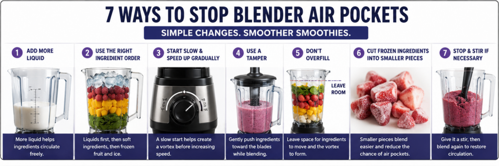 Infographic showing seven ways to stop blender air pockets when blending frozen smoothies and thick recipes