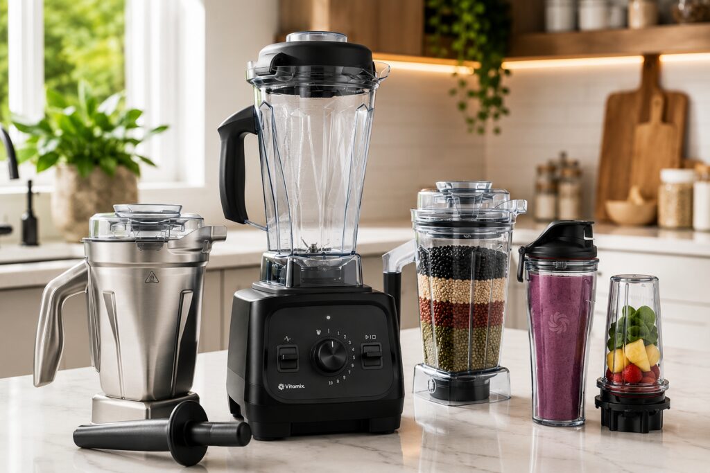 Vitamix VX1 with stainless steel container, dry grains container, and personal cup accessories