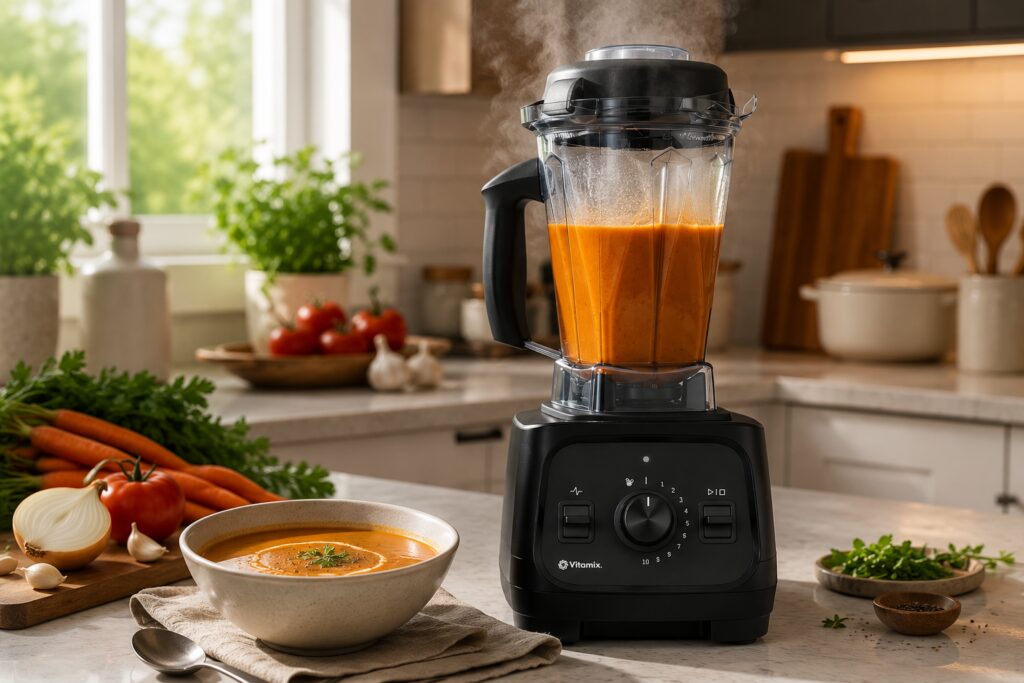 Vitamix VX1 blender preparing homemade vegetable soup in a modern kitchen