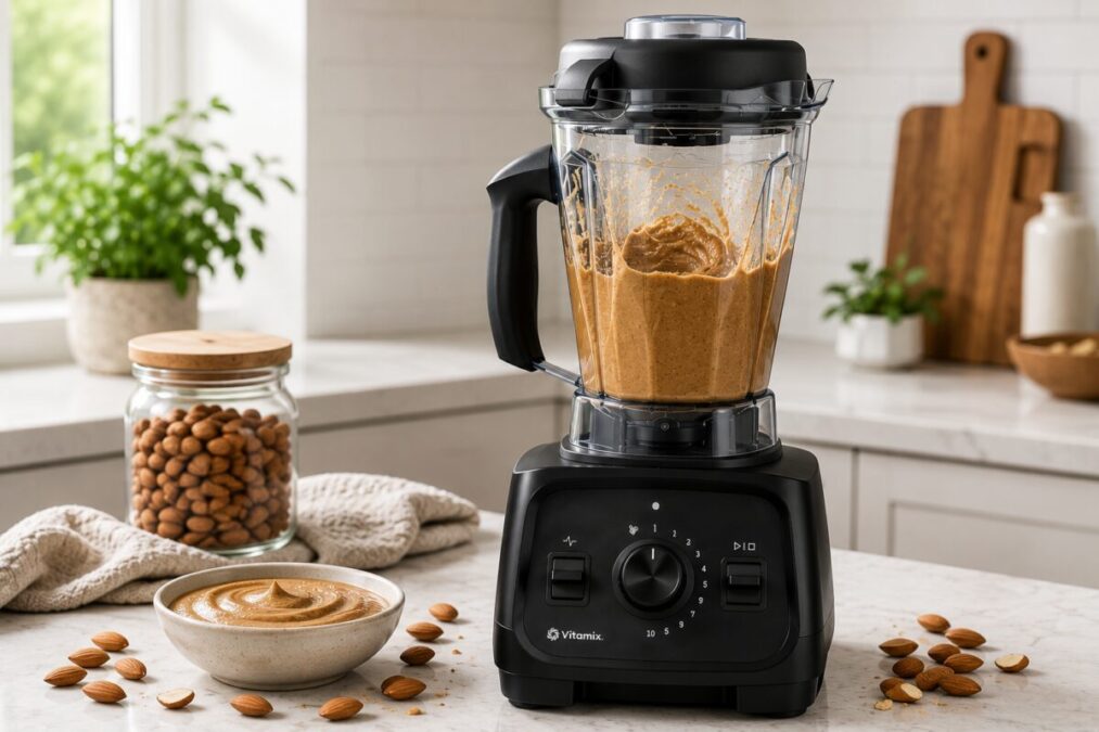Vitamix VX1 blender making homemade almond butter in a modern kitchen