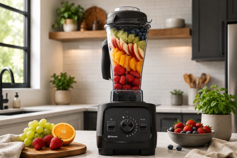 Vitamix VX1 professional blender on modern kitchen countertop with fresh fruit and smoothie ingredients