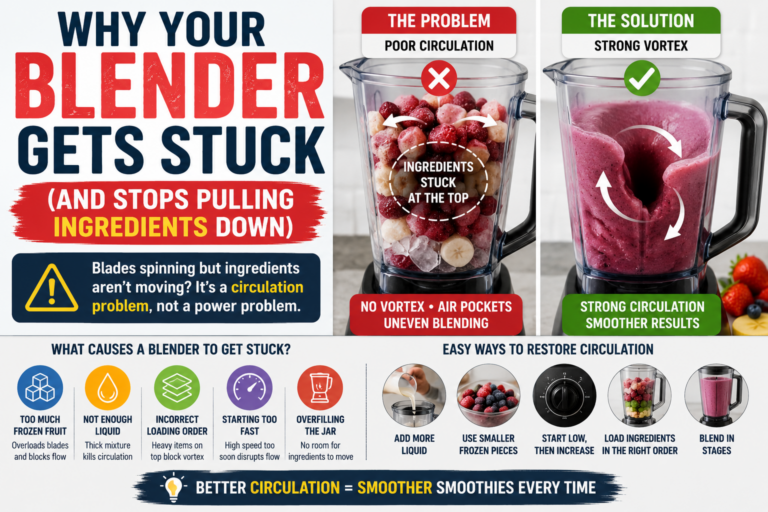 Blender vortex circulation comparison showing ingredients stuck at the top versus smooth frozen smoothie blending flow