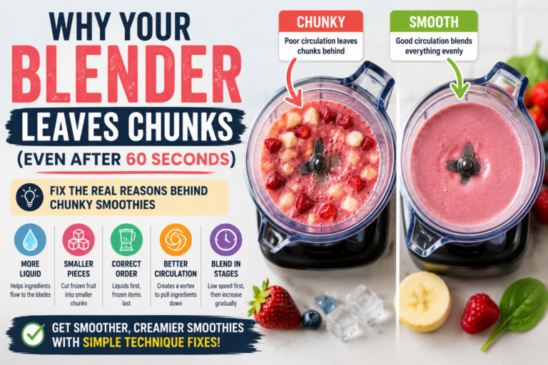 Chunky smoothie versus smooth smoothie comparison showing frozen fruit blending problems and smoother circulation fixes