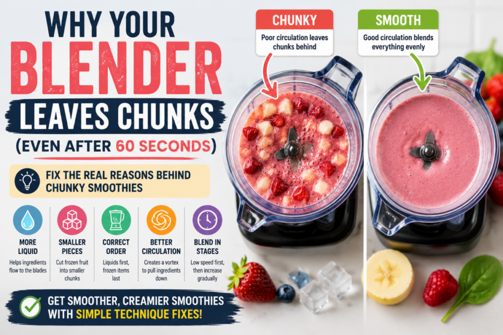 Chunky smoothie versus smooth smoothie comparison showing frozen fruit blending problems and smoother circulation fixes