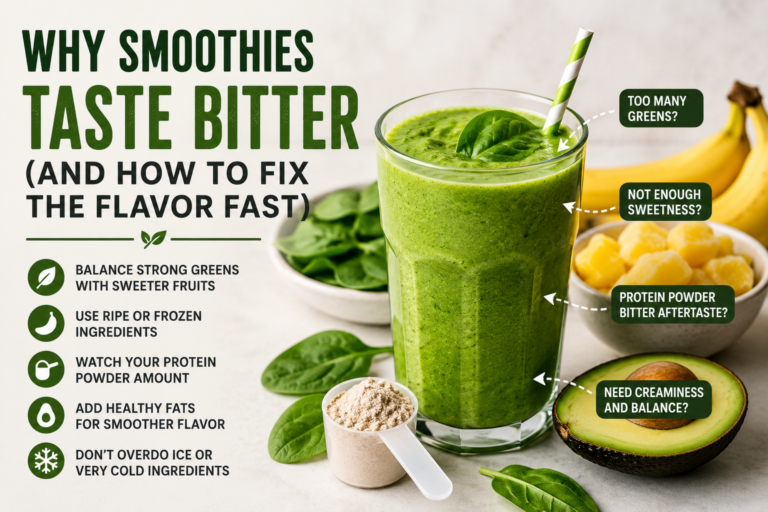 Green smoothie with bitter flavor ingredients like kale, protein powder, and spinach alongside sweeter fruit balancing ingredients