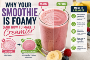 Foamy smoothie versus creamy smoothie comparison showing blending tips for smoother texture and less trapped air