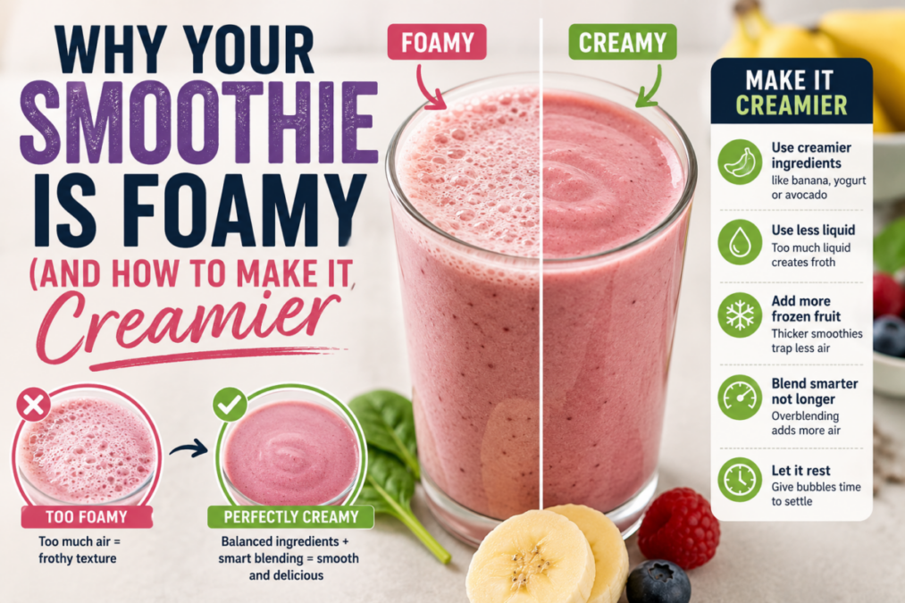 Foamy smoothie versus creamy smoothie comparison showing blending tips for smoother texture and less trapped air
