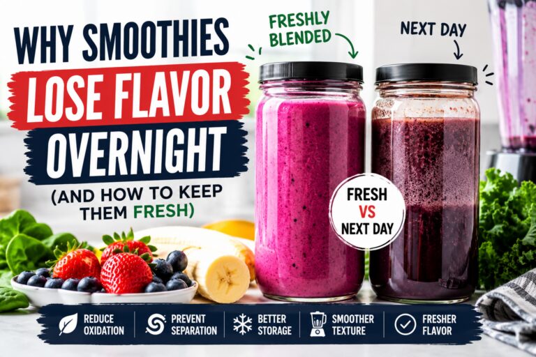Fresh smoothie compared to overnight refrigerated smoothie showing flavor loss, oxidation, and texture changes after storage