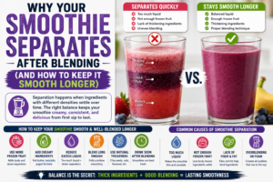 Smoothie separation comparison showing watery layered smoothie versus smooth blended smoothie with better ingredient balance
