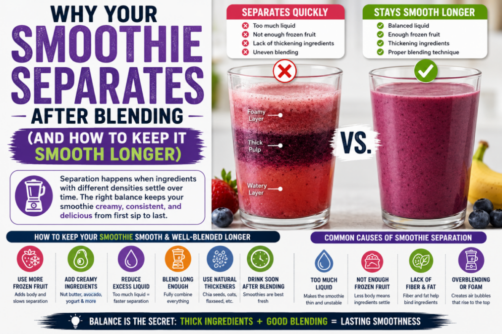 Smoothie separation comparison showing watery layered smoothie versus smooth blended smoothie with better ingredient balance
