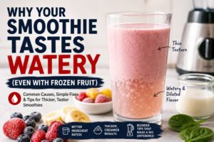 Watery smoothie with thin texture and diluted flavor compared to thicker frozen fruit smoothie consistency