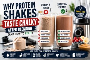 Chalky protein shake compared to smooth creamy protein shake showing common texture problems and blending solutions