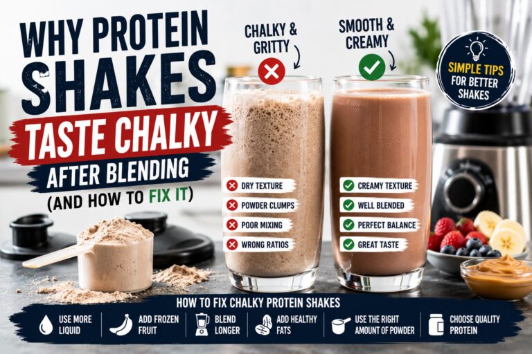 Chalky protein shake compared to smooth creamy protein shake showing common texture problems and blending solutions