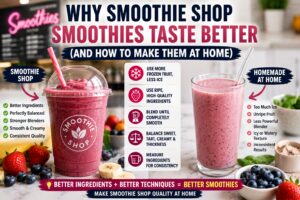 Smoothie shop smoothie compared with homemade smoothie showing the ingredients, blending techniques, and texture differences that create a creamier, better-tasting drink