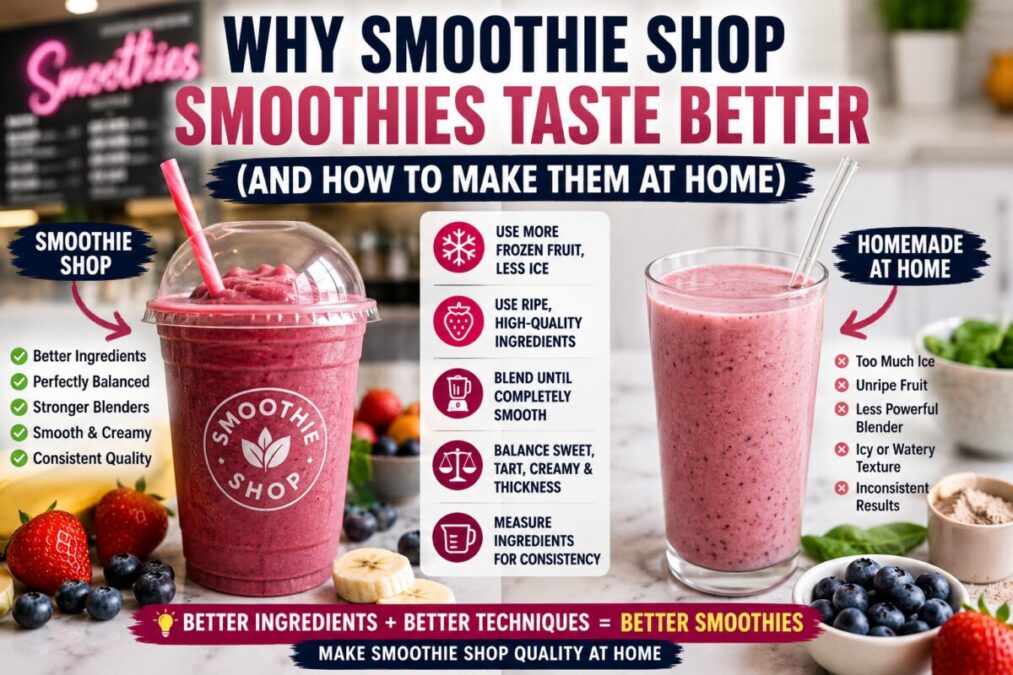 Smoothie shop smoothie compared with homemade smoothie showing the ingredients, blending techniques, and texture differences that create a creamier, better-tasting drink