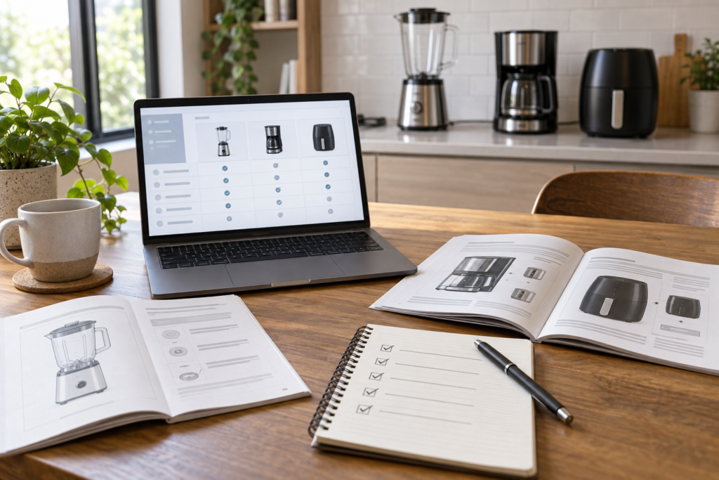 Different kitchen appliances arranged to compare size and counter-space requirements