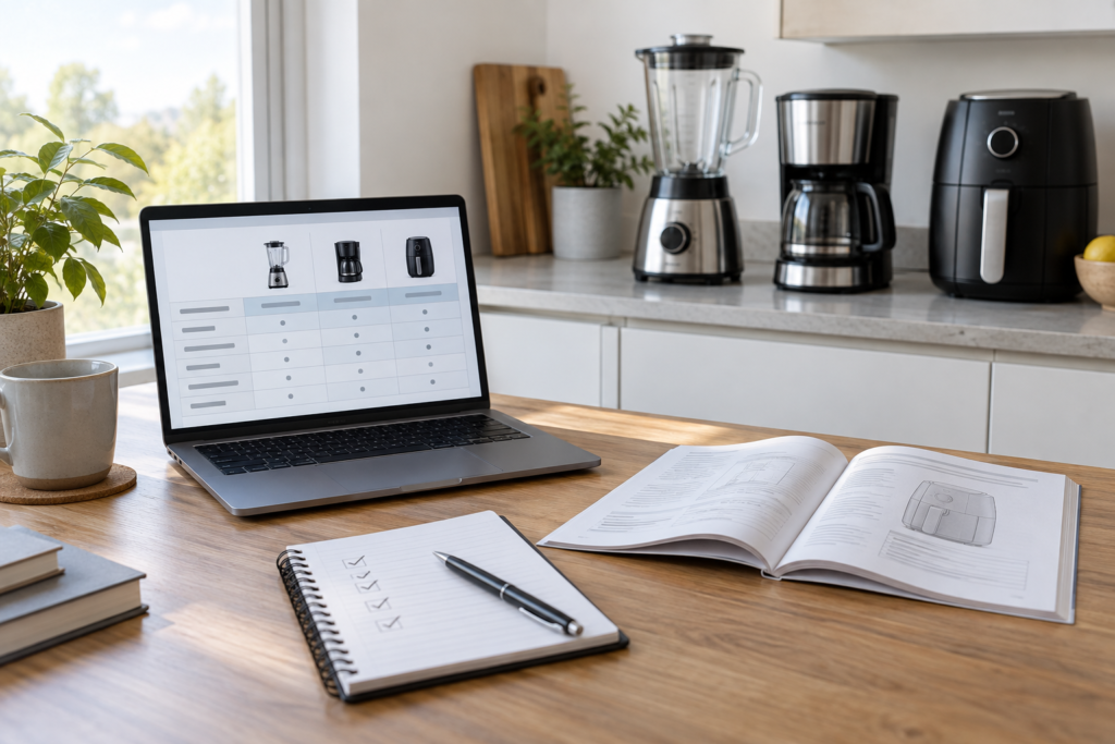 Kitchen appliance comparison research with product manuals, notes and appliances