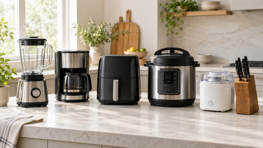 Blender, coffee maker, air fryer, pressure cooker, ice cream maker and knife set on a modern kitchen counter